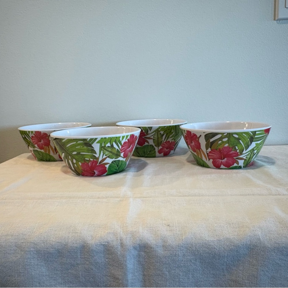 12 Piece Melamine Hibiscus Tropical Dinnerware Set Bowls. Dinner & Salad Plates - Picture 3 of 11